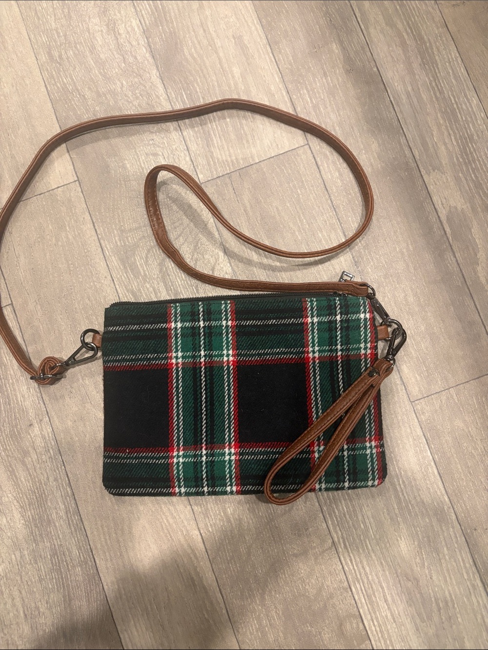 Plaid Crossbody Wristlet Bag - Black & Green with Brown Strap